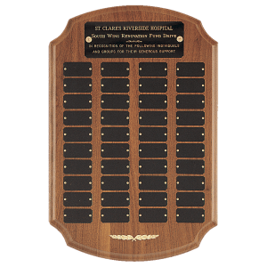 American Walnut 40 Plate Perpetual Plaque with Black Brass Plates/Gold Trim