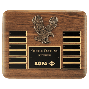 Solid American Walnut Plaque with Finely Detailed Antique Bronze Eagle Casting and Black LaserFX Header and 12 Perpetual Plates