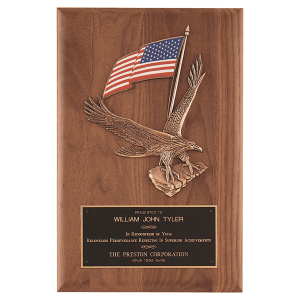 Solid American Walnut Plaque with Finely Detailed Eagle with American Flag Relief and Black Laserable Brass Plate
