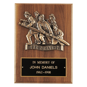 American Walnut Plaque, Bronze Cast Fire Department "Bravest" with Black Brass Plate