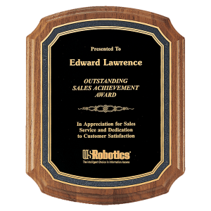 American Walnut Plaque with Black/Gold Florentine Border Textured Black Plate