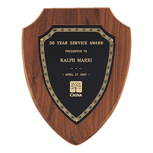 Jewelers Black Laserable Gold Border Shield Plate on an American walnut Shield Plaque- Sheffield Series