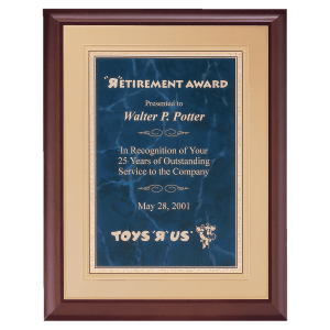 Hand Rubbed Cherry Finish Plaque with a Sapphire Gold Border Florentine LaserFX Plate on an Gold Embossed Back Plate