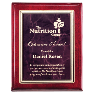 Rosewood Piano Finish Plaque with Ruby Marble/Gold Florentine Design