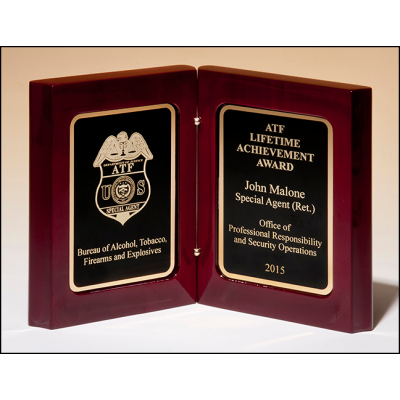 High Gloss Rosewood Stained Book Award w/ Two Gold Plates w/ Black Centers