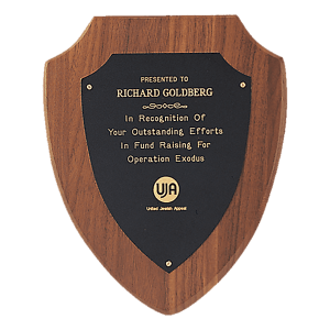Jewelers Black Laserable Gold Border Shield Plate on an American Walnut Shield Plaque- Sheffield Series
