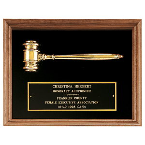 Gold Electrooplated Gavel in a Walnut Frame with Black Velour Background and Black Laserable Brass plate