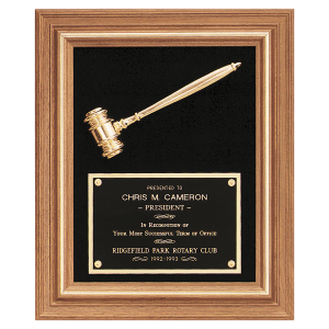 Gold Electroplated Gavel in a Walnut Frame with Black Velour Background and Black Laserable Brass Plate