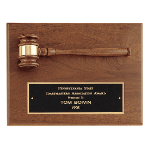 Solid Walnut Plaque with a Walnut Gavel, Gold Gavel Band and Black Laserable Brass Plate