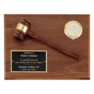 Solid Walnut Plaque with a Walnut Gavel, Gold Gavel Band, Black Laserable Brass Plate