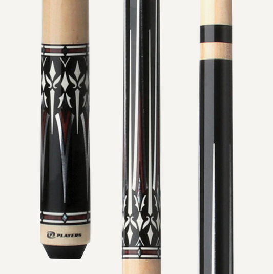 Players Midnight Black w/Cocobolo w/Silver and Mother of Pearl Graphic Accent, Natural Birdsye handle, Wrapless Cue Stick