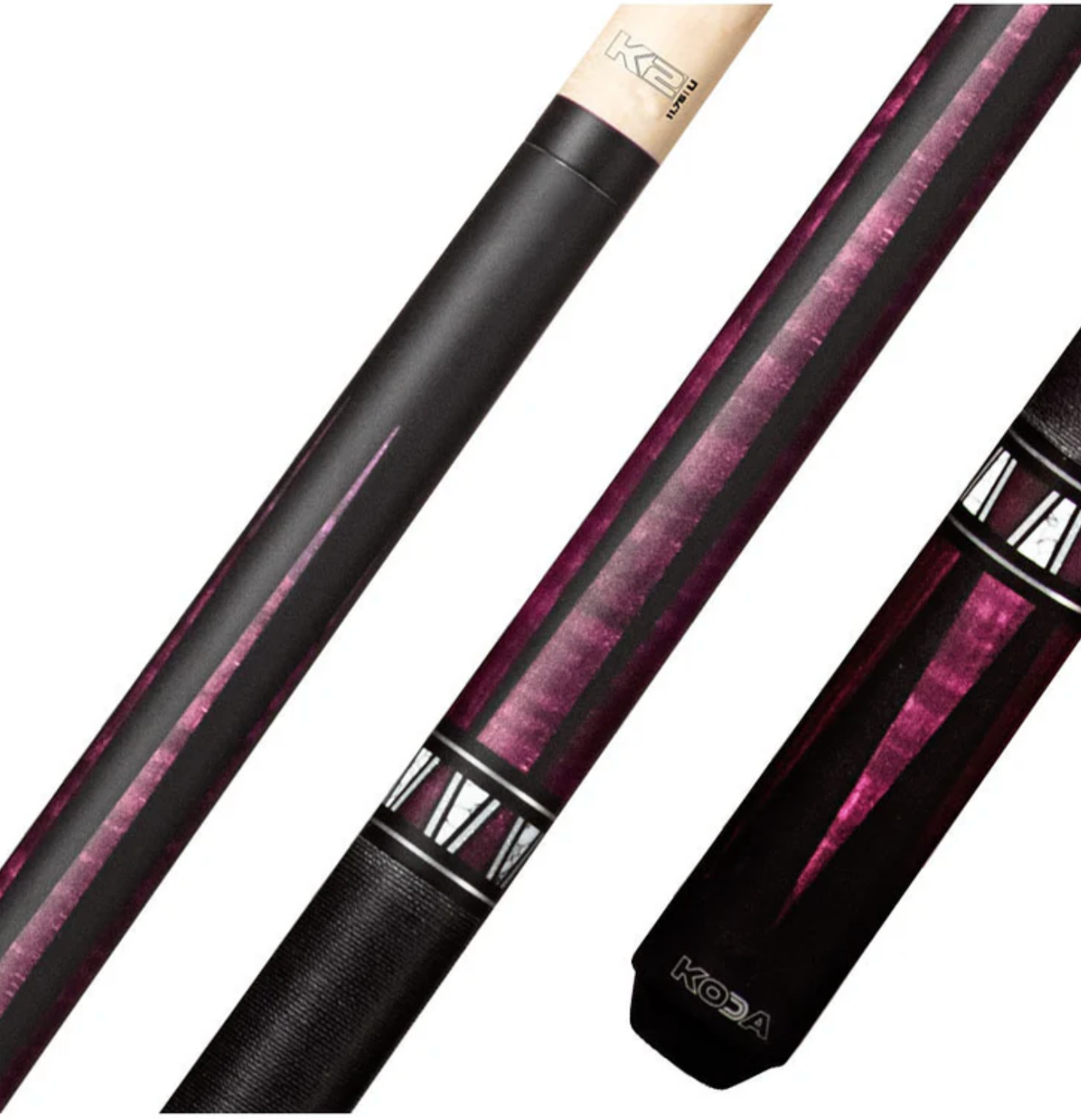 K2 Cue Matte Black and Purple Curly Point Design W/Black Irish Linen Wrap