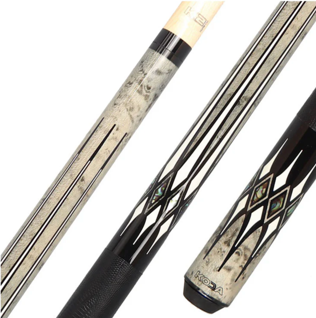 K2 Cue Matte Grey, White and Abalone Floating Points W/ Black Embossed Lizard Wrap