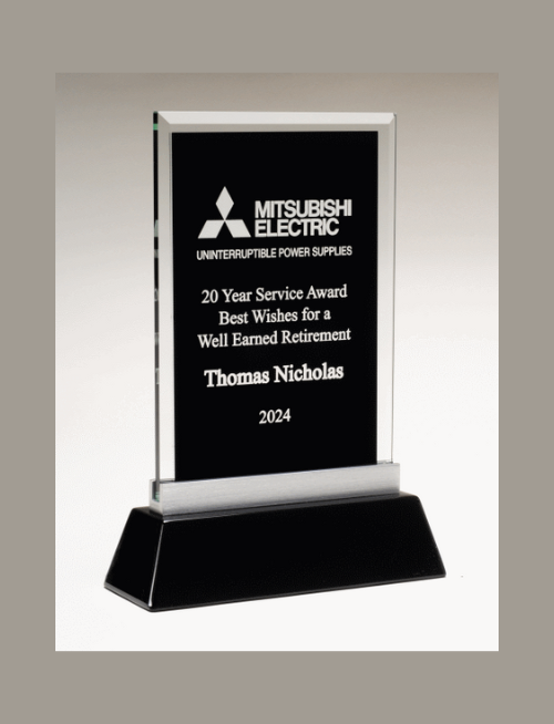 Rectangular glass award black silk screened glass W/ black piano-finish base.